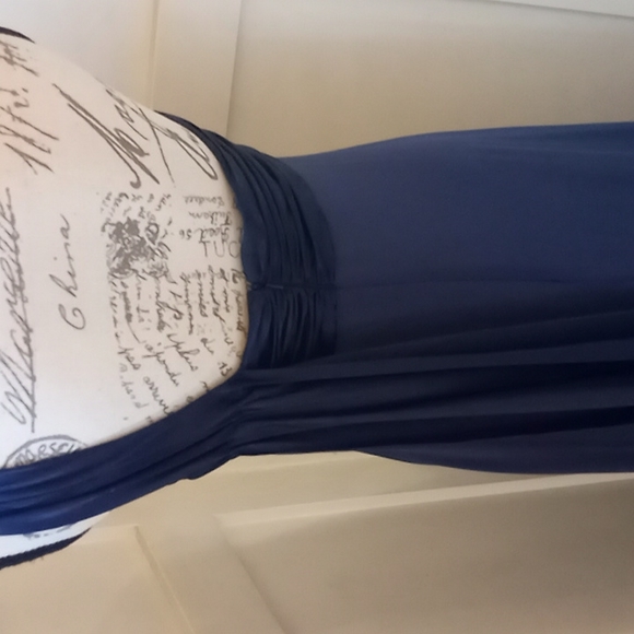 Formal David's Bridal Navy One Shoulder Long Jersey Dress With Cascade Back Sz 8 - Picture 6 of 11